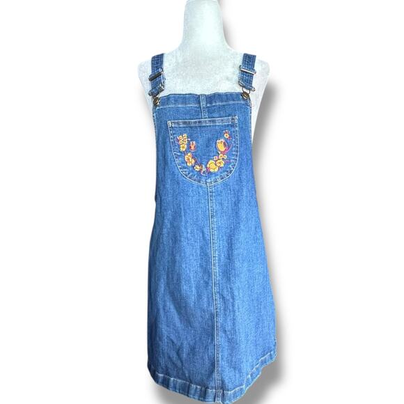 ModCloth Denim Overall Dress Embroidered Floral Owl Pocket Jumper Size Medium - Picture 9 of 9